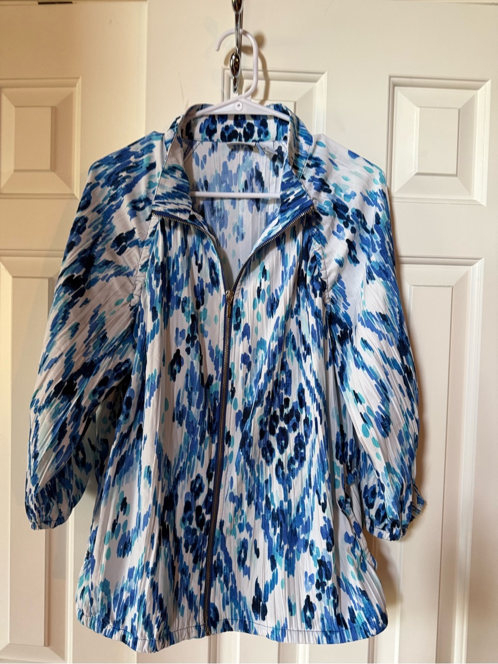 Chico's White and Blue Printed Swim Coverup Jacket